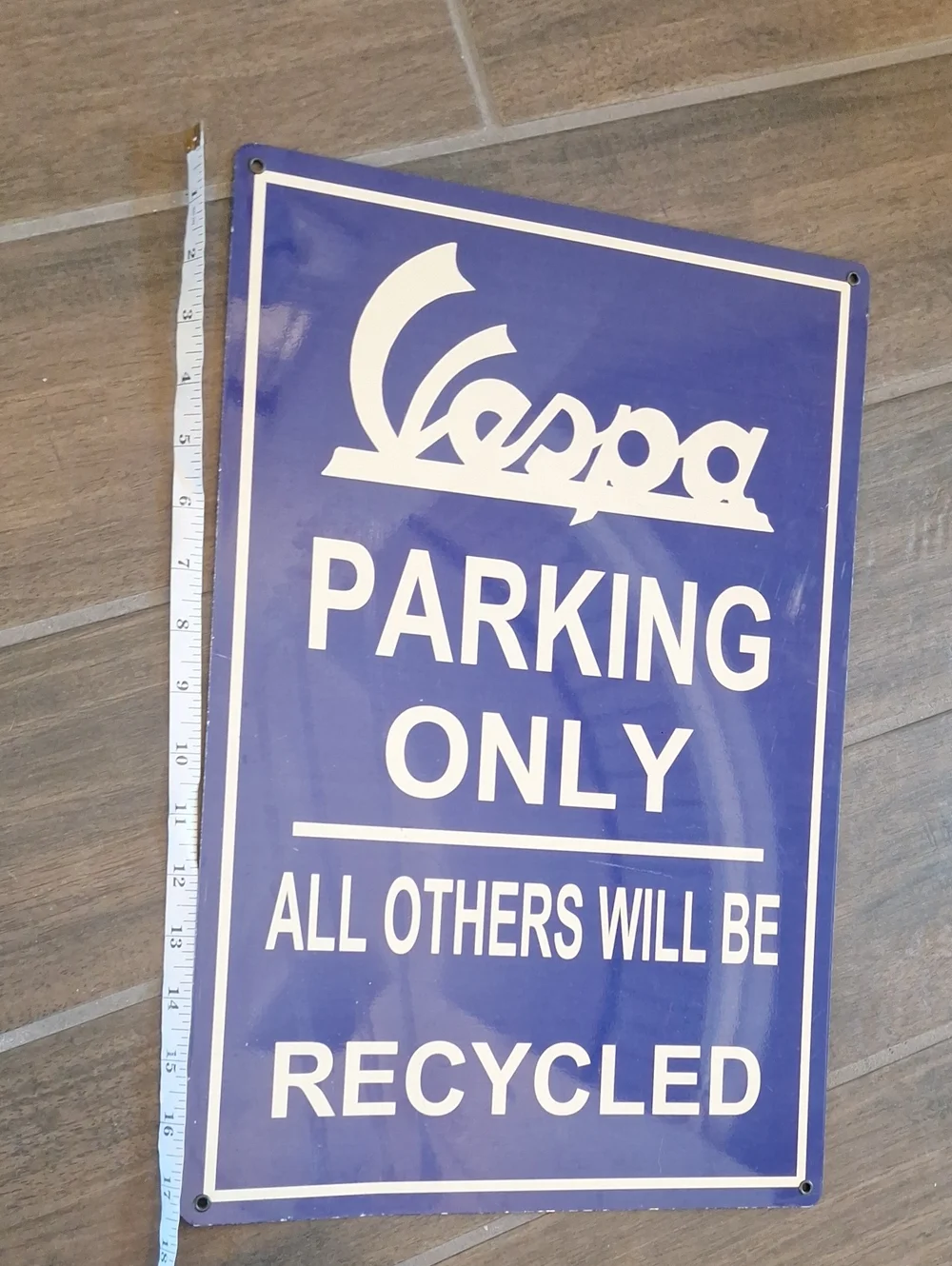 Retro Vespa Parking Only Metal Rectangular Sign Blue & White